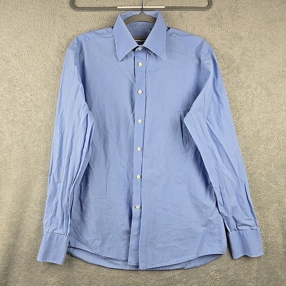 Versace Collection City Shirt Men's 16 / 42 Blue Cotton Preppy Dress Embroidered